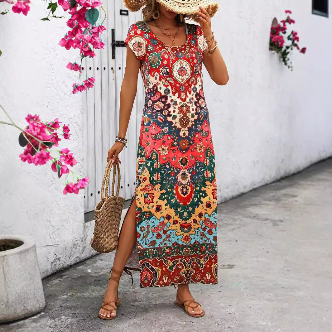 Vestido informal largo con cuello en U y estampado 3D para mujer