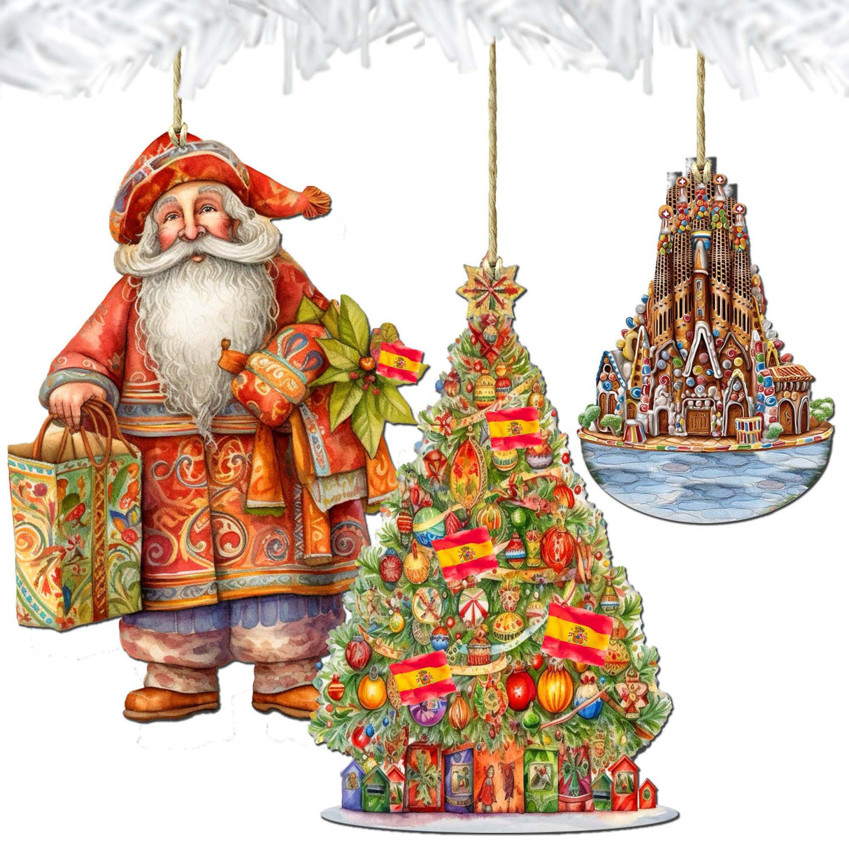 Papá Noel de todo el mundo - Papá Noel de inspiración española - Juego de 3 adornos de madera de G. DeBrekht - Decoración navideña de Papá Noel y muñeco de nieve - 8091305S3