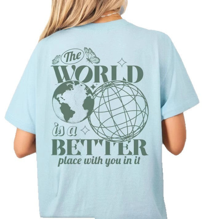 Camiseta de algodón con letras impresas en 2D, cielo estrellado y tierra