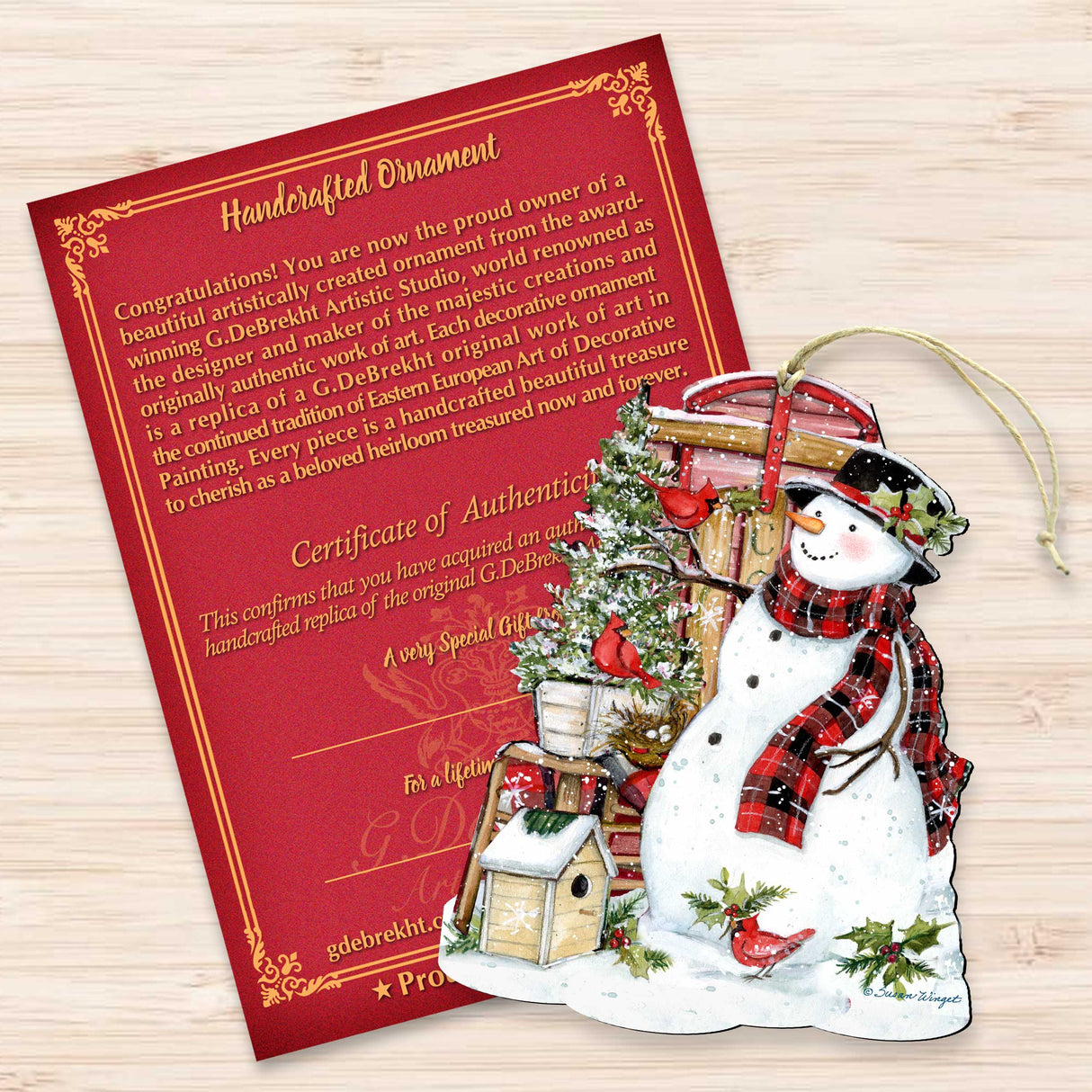 Christmas Decoration Snowman with Cardinals - Handmade Wooden Christmas Tree Ornament by Susan Winget - 8471115-SW