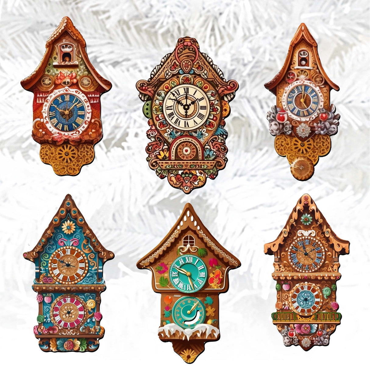 Miniature clock Decorative Wooden Clip-on Ornaments Set of 6 by G. Debrekht - Christmas Decor - 8090020C-S6