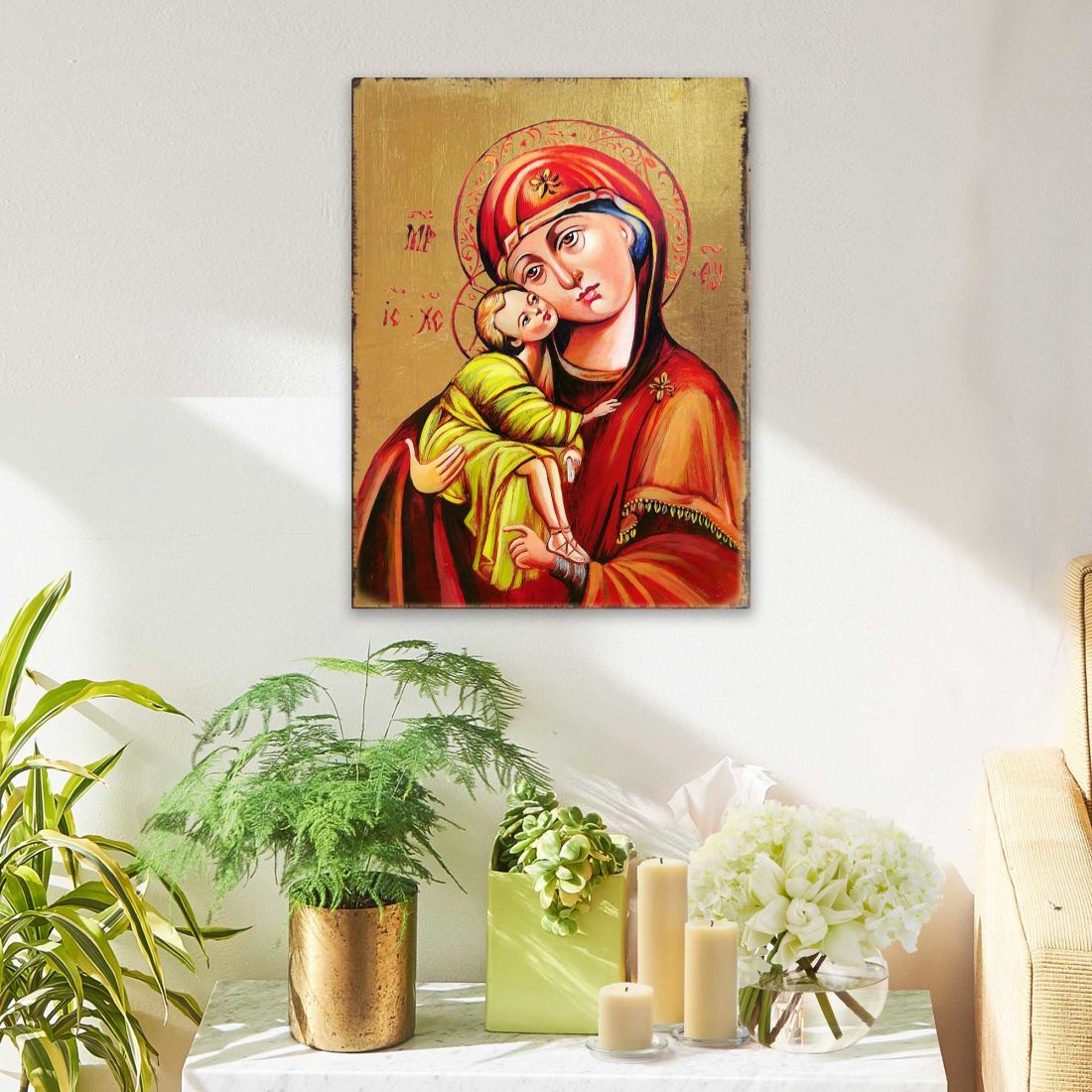 Icono sagrado ortodoxo religioso de madera de la Virgen María de Vladimir, bañado en oro - Decoración inspiradora - 85011
