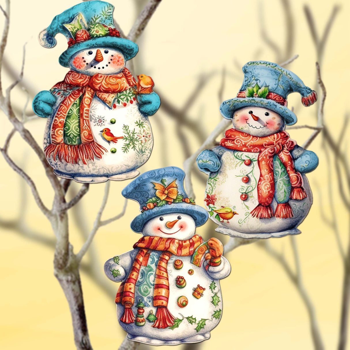 Snowman Decorative Wooden Clip-on Ornaments Set of 3 by G. Debrekht - Christmas Decor - 8091023C-S3