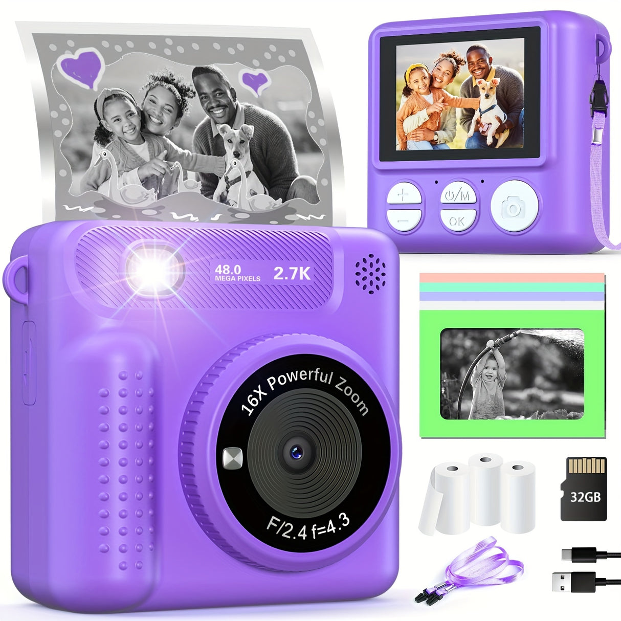 Cámara digital para niños de 3 a 12 años con impresión instantánea, 12 MP y 1080P, ideal como regalo de cumpleaños para niñas y niños de 4, 5, 6, 7, 8, 9 y 10 años. Cámara de video HD de 32 GB para niños pequeños, con impresión de fotos, juguete portátil.