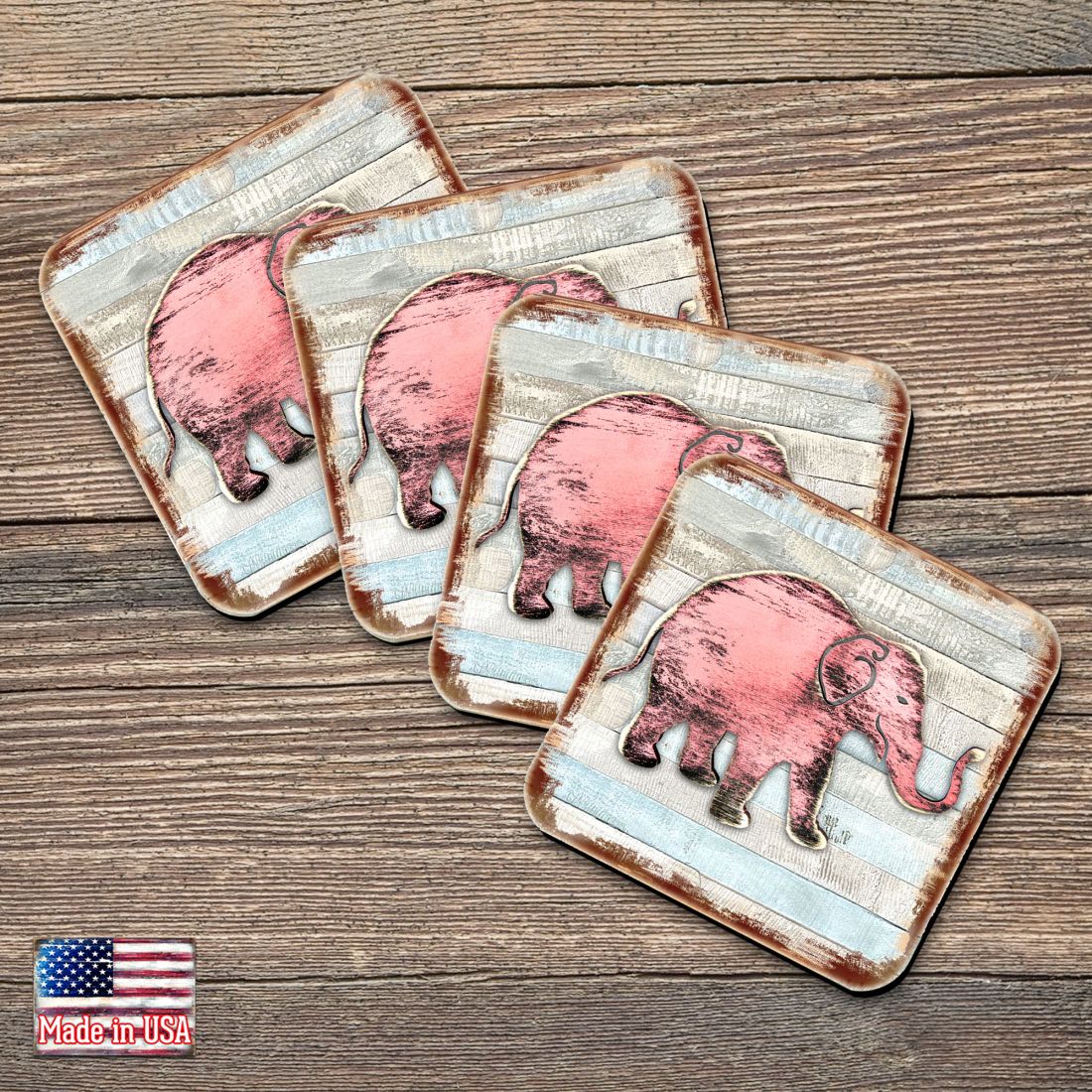 Elephant Wooden Cork Coasters Gift Set of 4 by Nature Wonders - Nature Wildlife Decor - 8198229-9C-S4