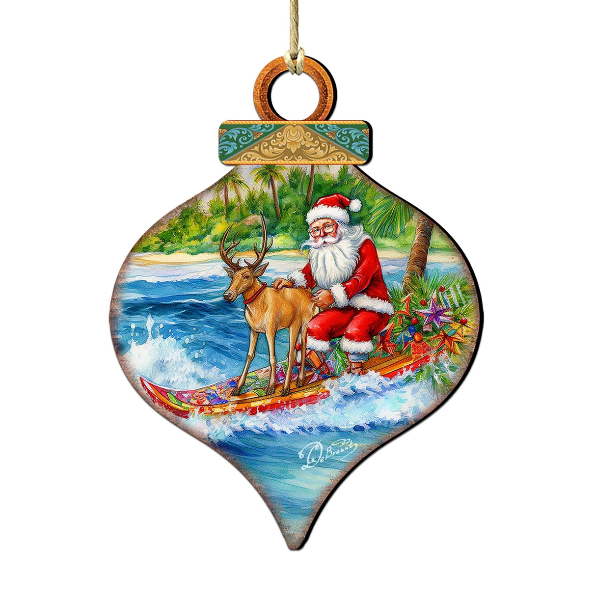 Coastal Christmas Decor - Surfing with Santa Wooden Ornaments by G.Debrekht Coastal Holiday Decor - 8688309