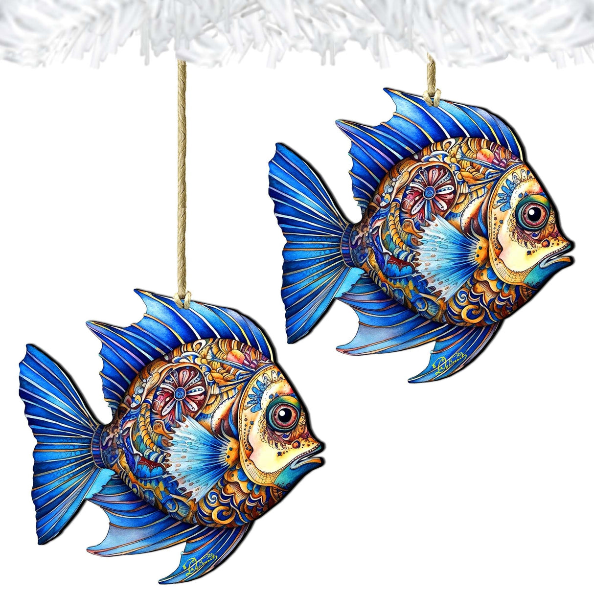 Coastal Christmas Ornaments - Aquamarine Aqua Fish Wooden Ornaments by G. Debrekht Coastal Holiday Decor - 8688306