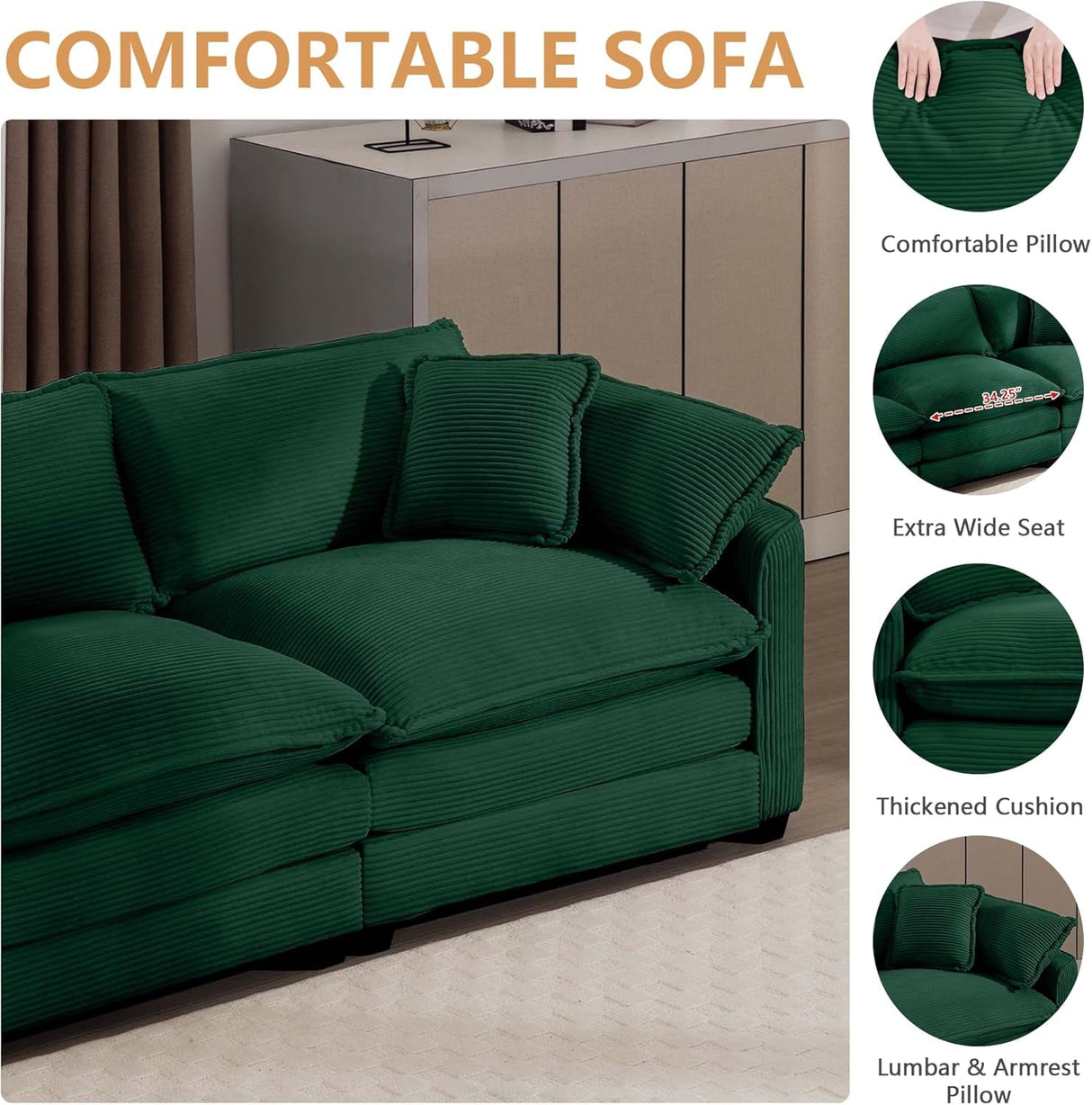 Oversized 2 Piece Sofa Set for Living Room, 3-Seater & Loveseat Couch, Modular Sectional Deep Seat Corduroy Comfy Cloud Couches with 4 Armrest Pillows and 5 Toss Pillows, Green-3