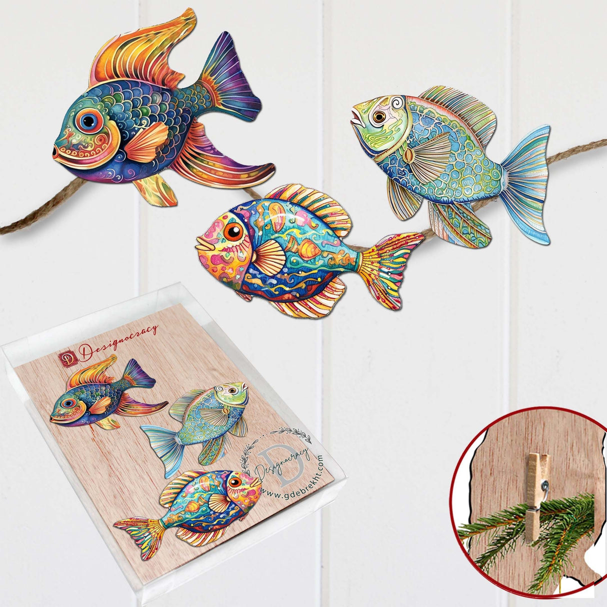 Coastal Fish Decorative Wooden Clip-on Ornaments Set of 3 by G. Debrekht - Coastal Decor - 8091034C-S3