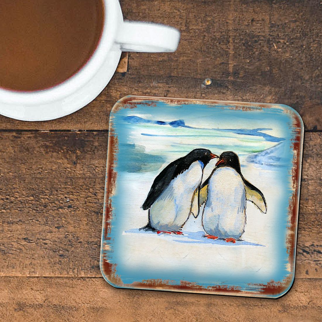 Penguins Wooden Cork Coasters Gift Set of 4 by Nature Wonders - Nature Wildlife Decor - 95382C-S4