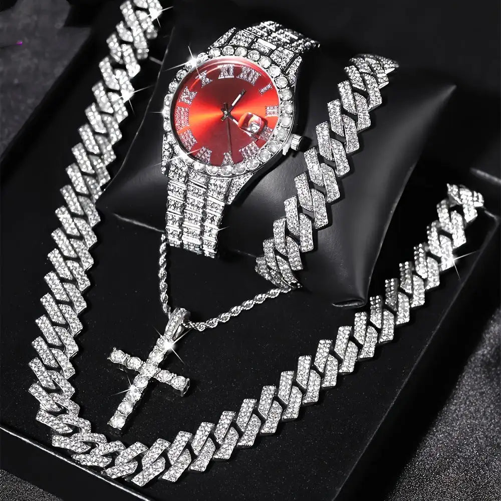 Diamond Luxury Steel Belt Quartz Watch Cuban Bracelet - Lootquake