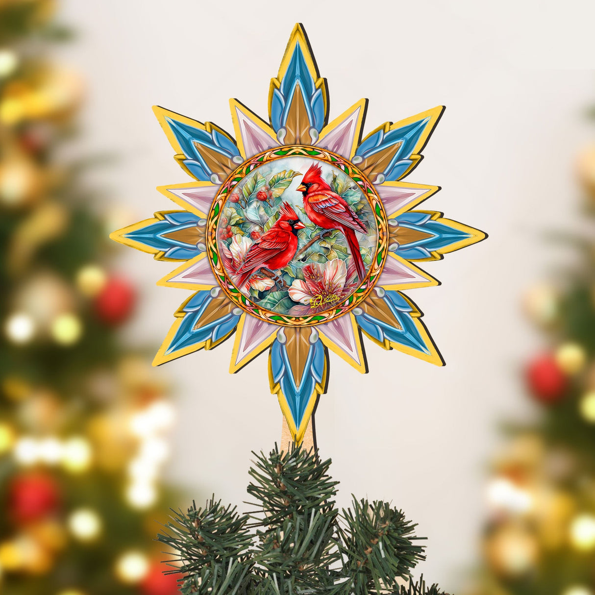 Christmas Cardinals Star Tree Topper Wooden Decor by G. Debrekht - Wildlife Holiday Decor - 89510