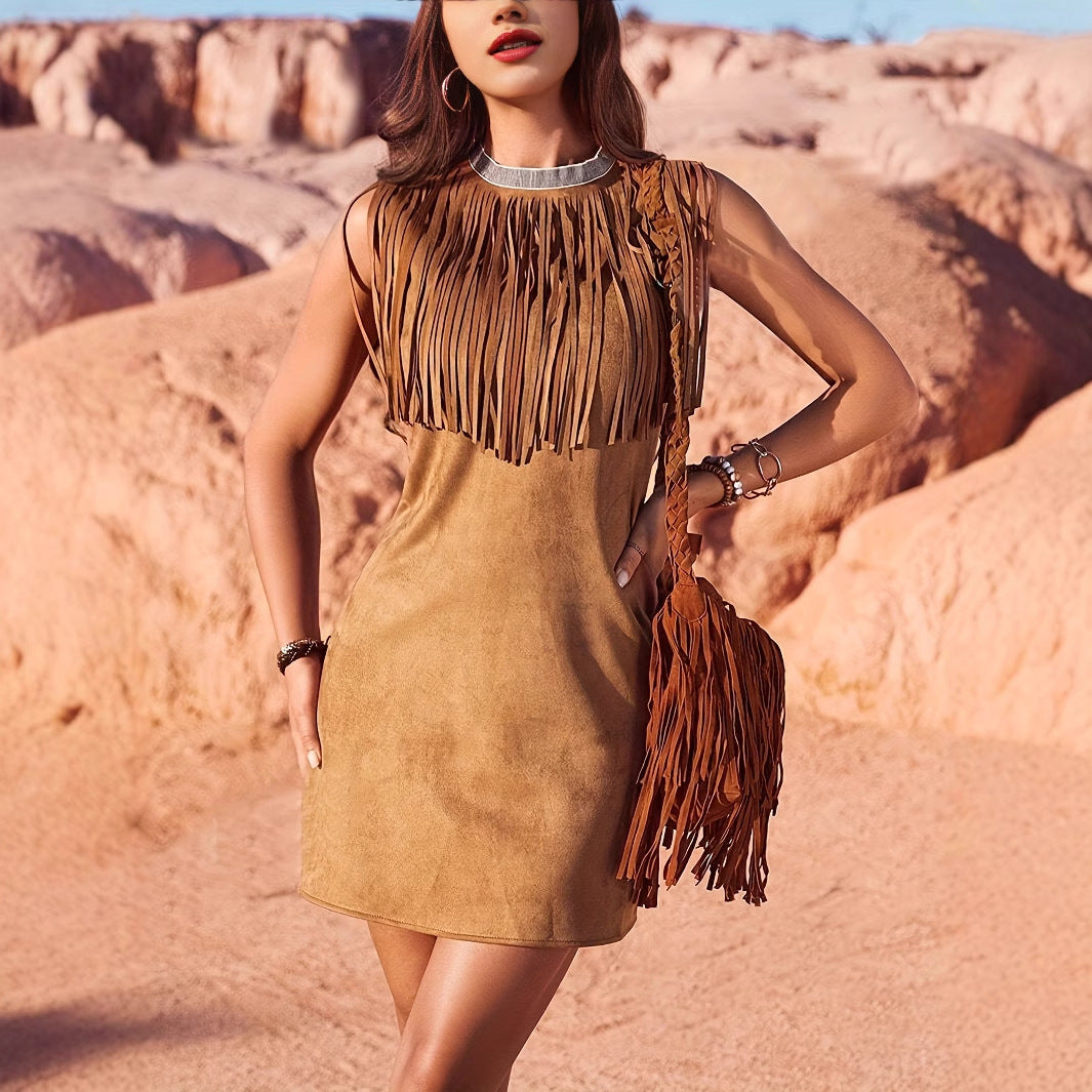 Vestido estilo chaleco ancho con flecos de ante bohemio para mujer, estilo occidental, de verano