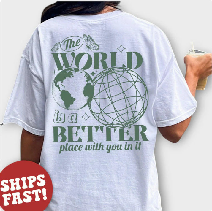 Camiseta de algodón con letras impresas en 2D, cielo estrellado y tierra