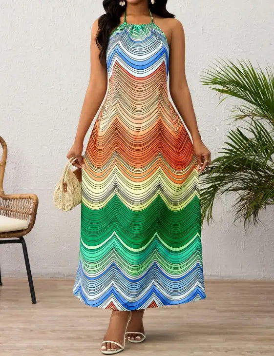 Ladies' Neck Hanging Peacock Element Printed Casual Dress - Lootquake