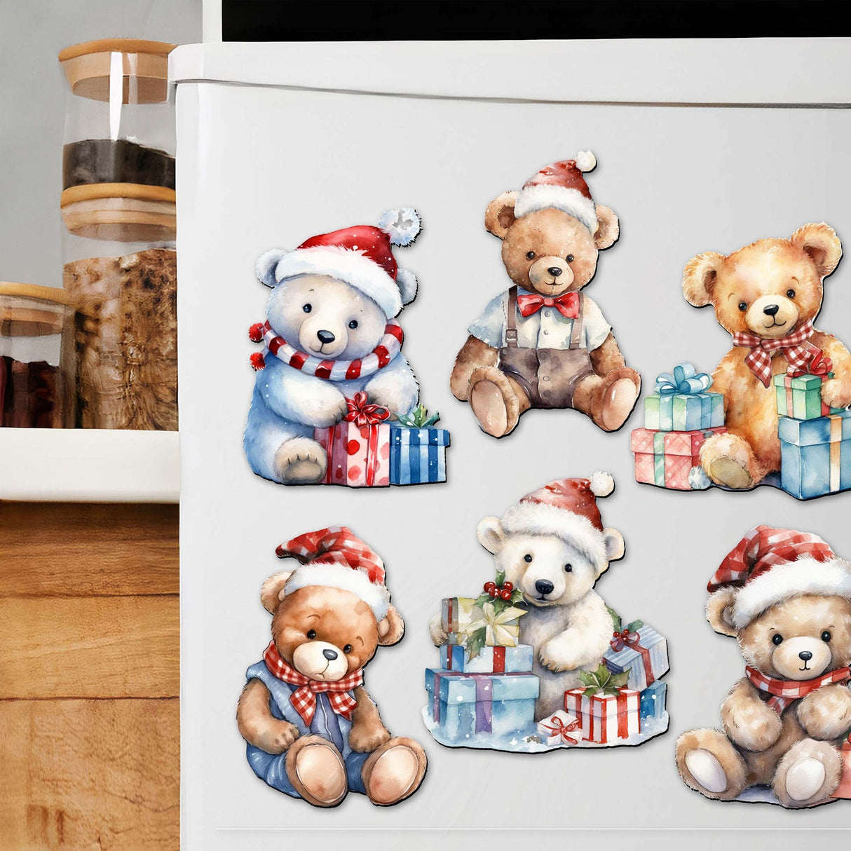 Christmas Teddy Bear Decorative Wooden Magnets Set of 6 by G. Debrekht - Christmas Décor - 8090011G-S6