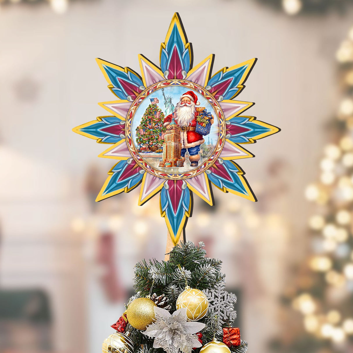 Decoración de madera para la punta del árbol de Papá Noel, de inspiración americana, de G. Debrekht - Decoración de muñeco de nieve de Papá Noel - 89523