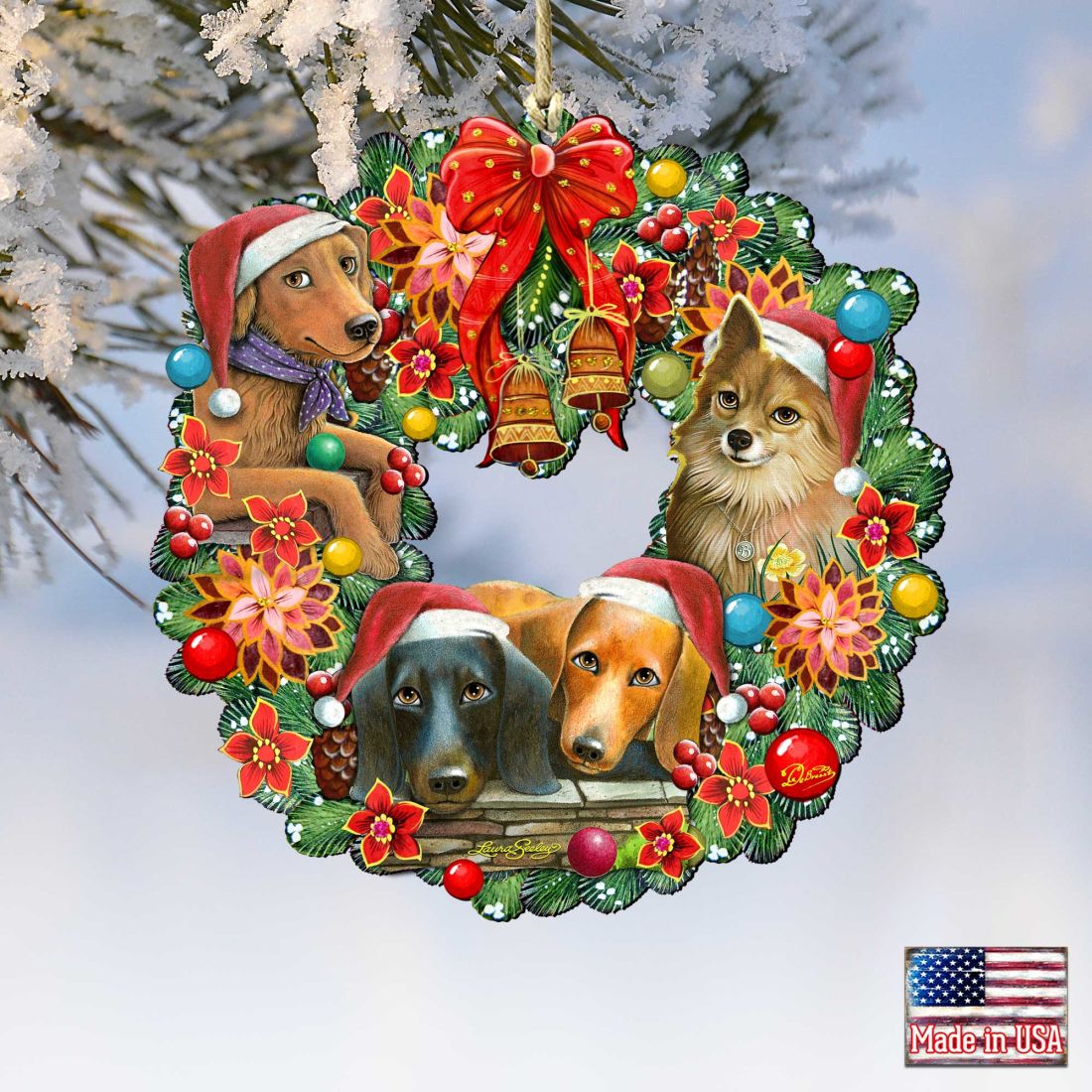 Christmas Friends Puppy Wreath Wooden Ornaments by G. DeBrekht - Pets Dog and Cats Decor - 8185307-6-SL