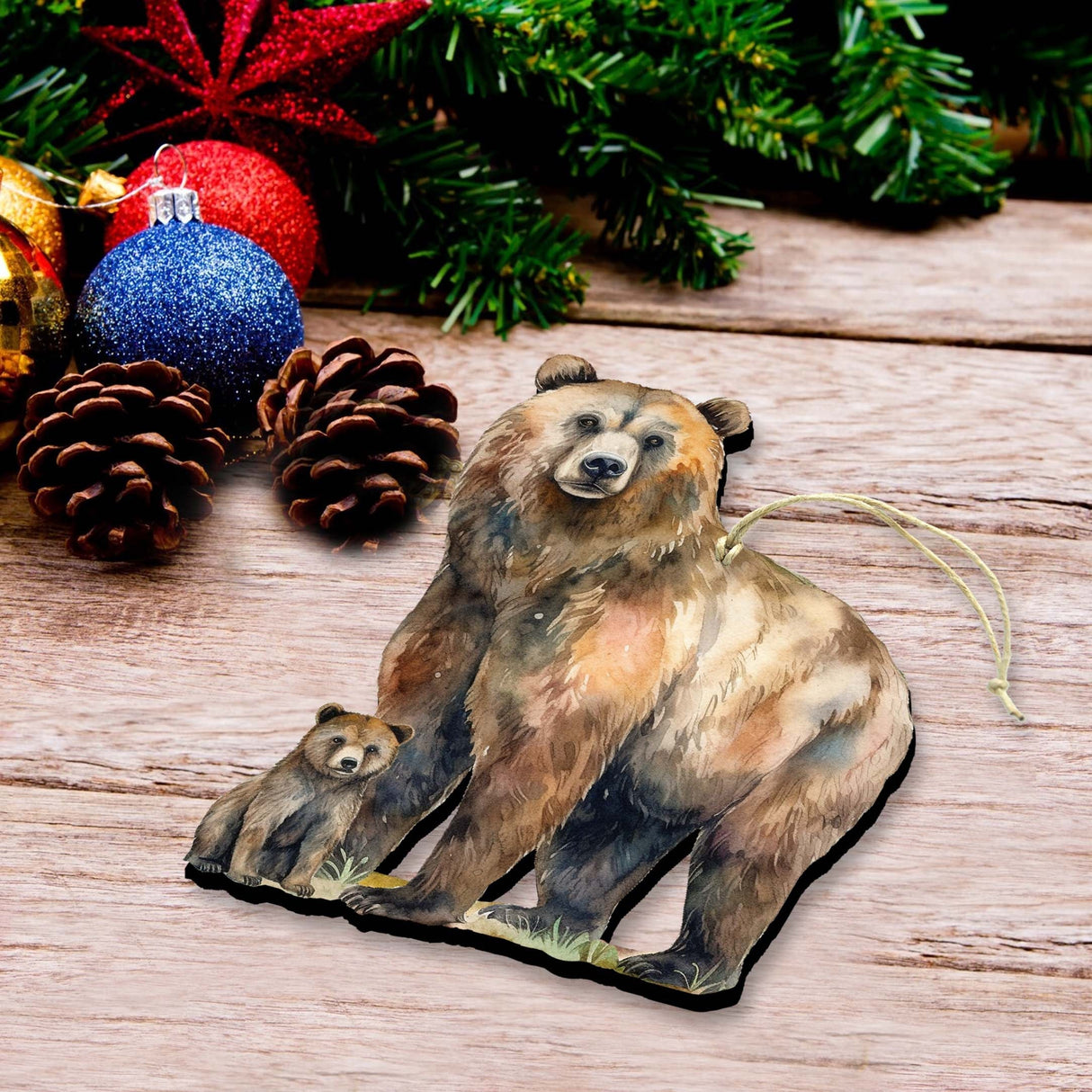 Grizzly Bear with Cub Wooden Ornaments by G.Debrekht - Wildlife Holiday Decor - 8710105-2