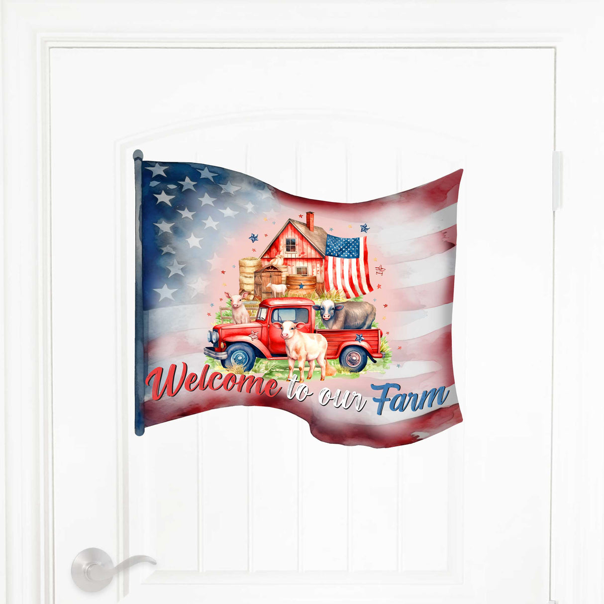 Front door welcome sign American flag Welcome to Our Farm Front porch Patriotic wreath Farm front entrance banner Welcome sign - Wooden front porch decor - 933107H
