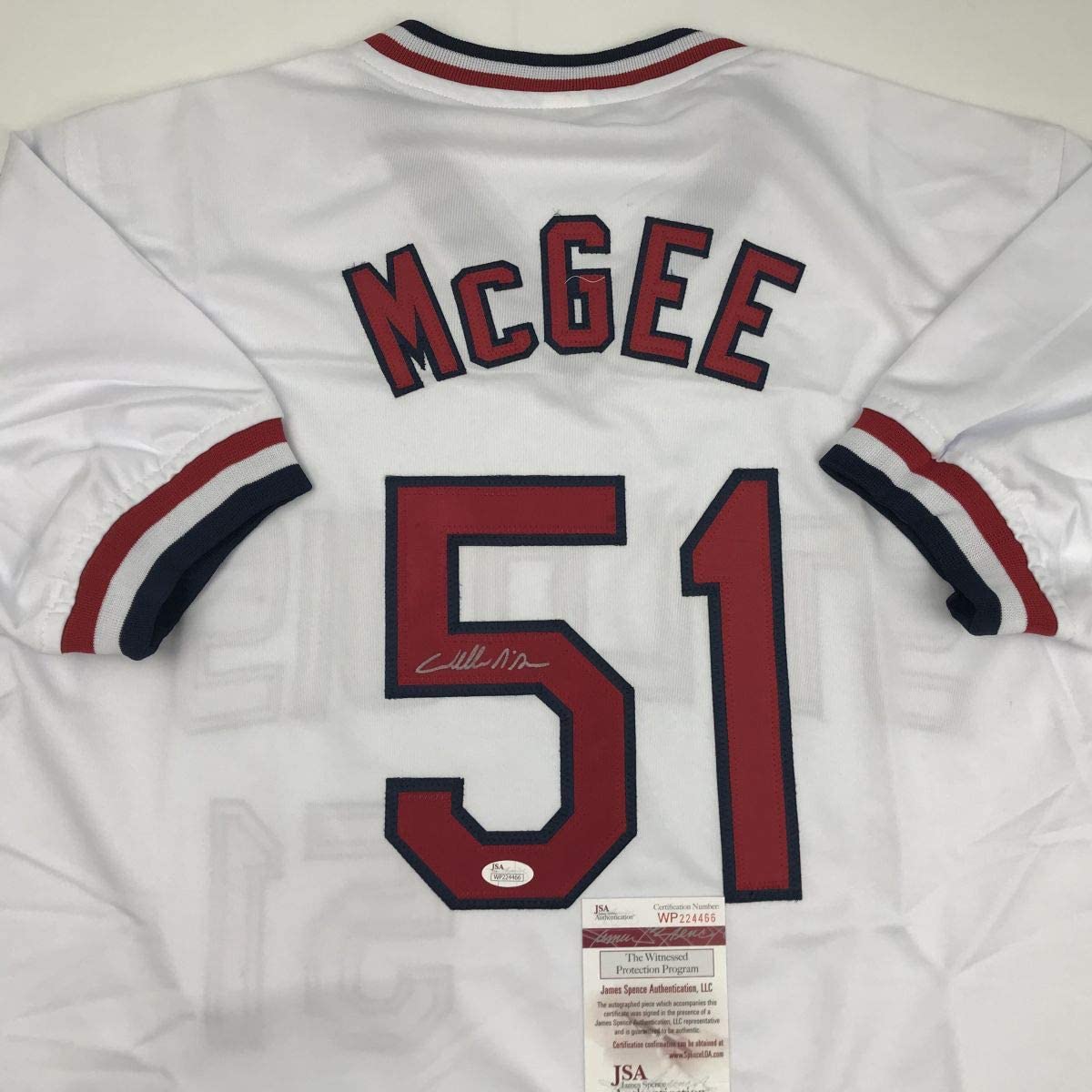 Camiseta de béisbol blanca de St. Louis de Willie McGee autografiada y firmada por JSA COA