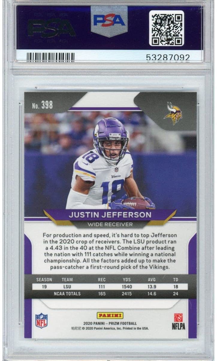 Tarjeta de fútbol americano Panini Prizm Justin Jefferson n.° 398 Rookie RC, clasificada en 2020, PSA 10 Gem Mint