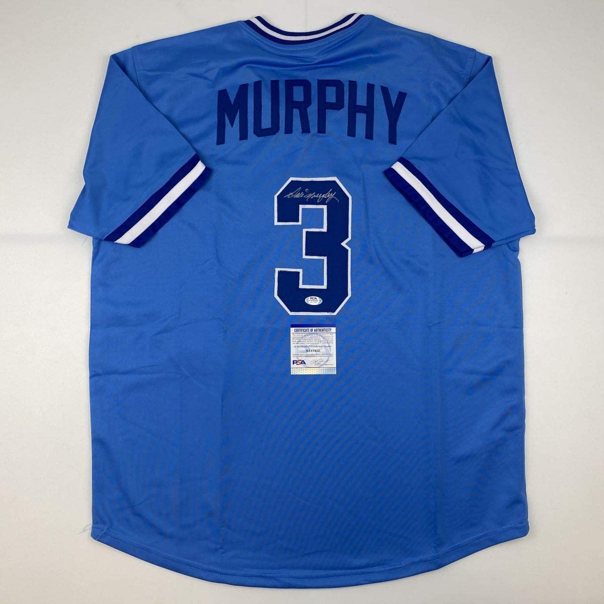 Camiseta de béisbol azul claro de Atlanta autografiada/firmada por Dale Murphy. PSA/Certificado de ADN.