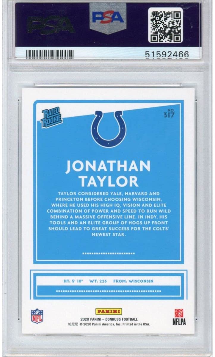 Tarjeta de fútbol americano Panini Donruss Jonathan Taylor n.° 317 Canvas Rated Rookie RC de 2020 PSA 10 Gem Mint