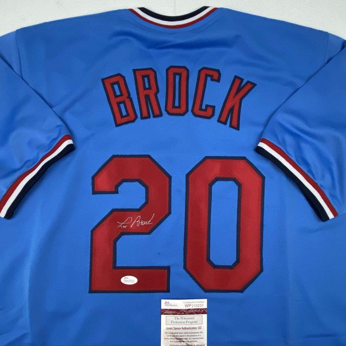 Camiseta de béisbol azul de San Luis autografiada y firmada por Lou Brock (JSA COA)