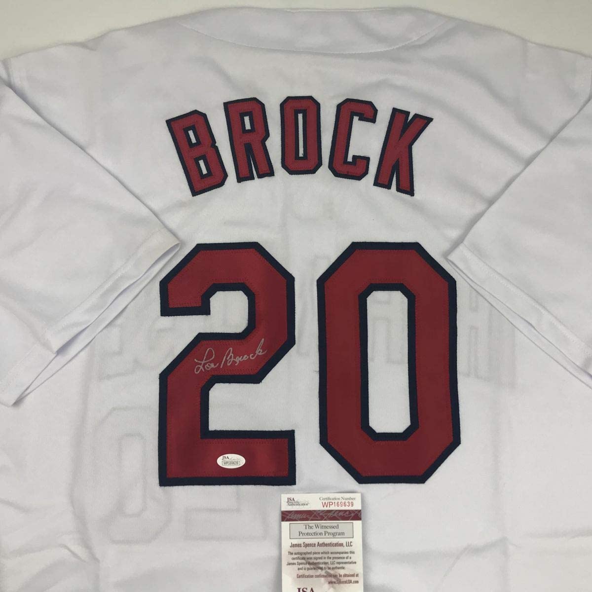 Camiseta de béisbol blanca de St. Louis autografiada y firmada por Lou Brock (JSA COA)