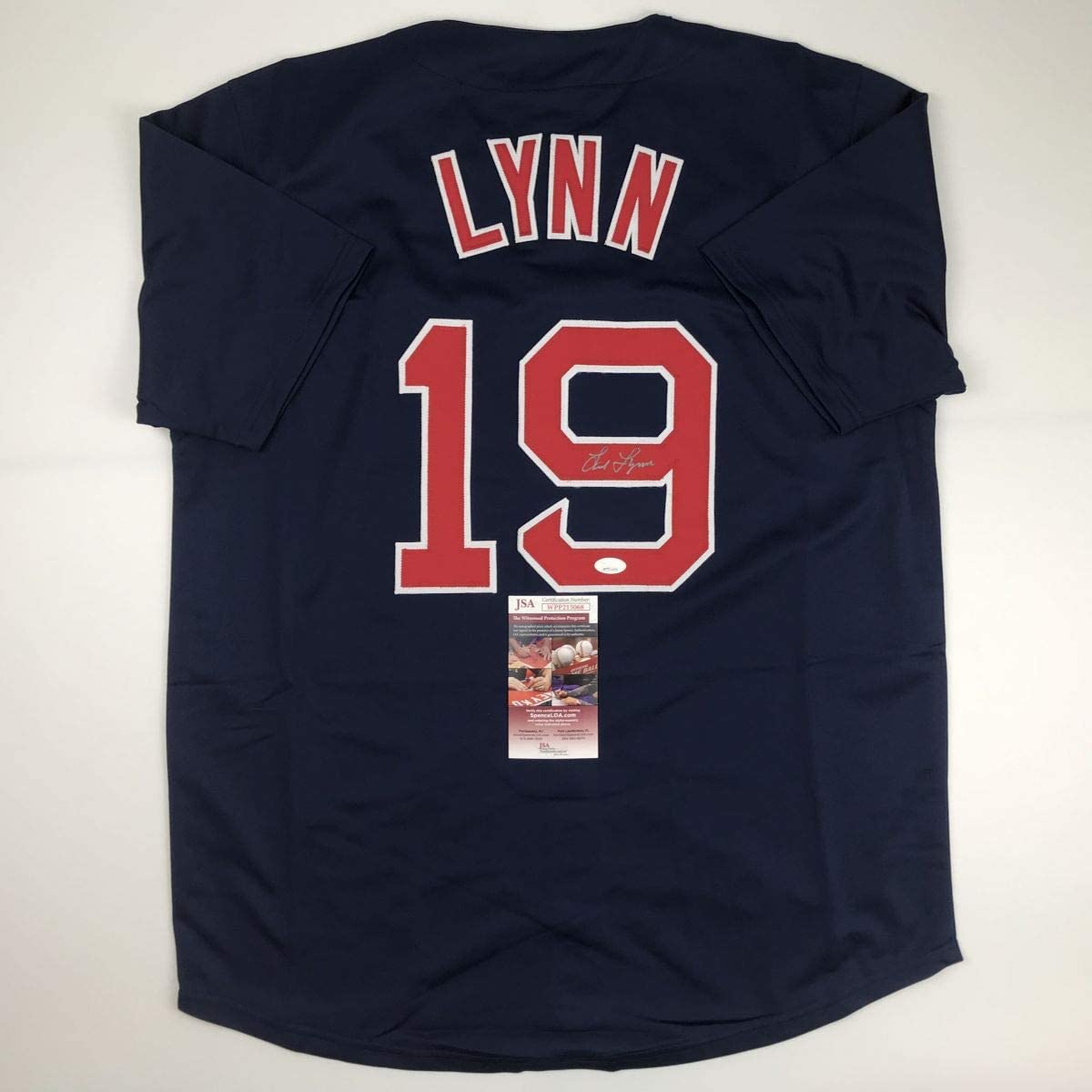 Autographed/Signed Fred Lynn Boston Blue Baseball Jersey JSA COA