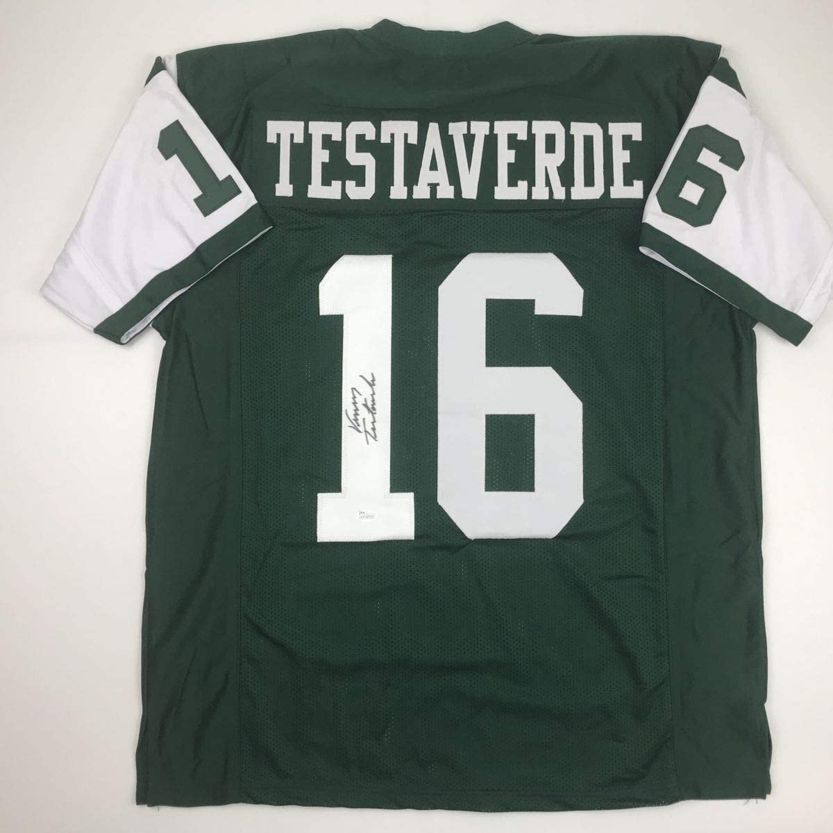 Camiseta de fútbol verde de Nueva York autografiada/firmada por Vinny Testaverde (JSA COA)