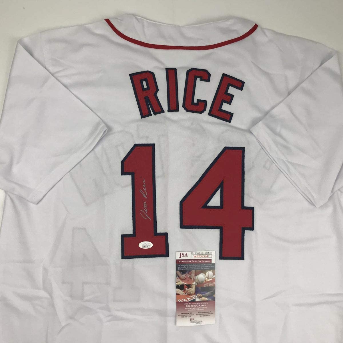 Camiseta de béisbol blanca de Boston autografiada/firmada por Jim Rice (JSA COA)