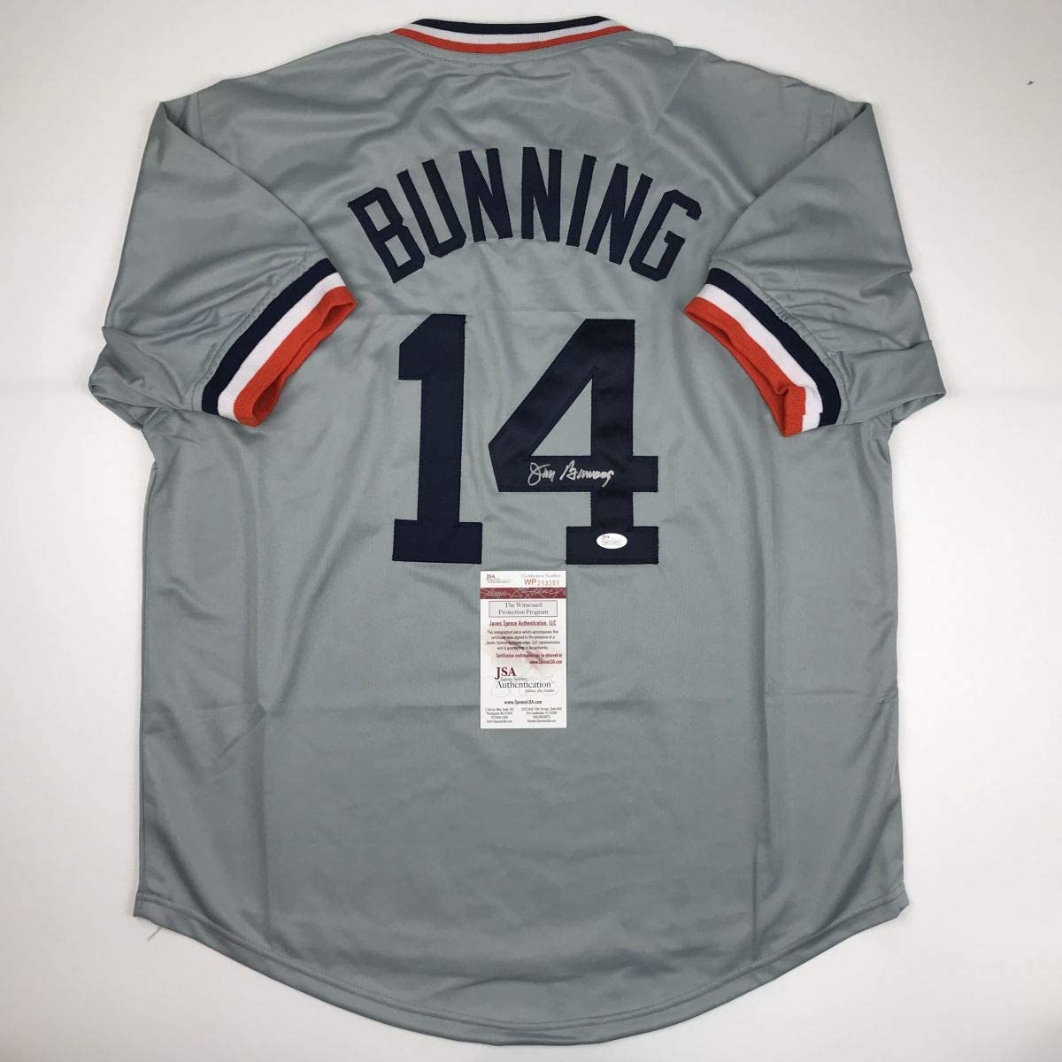 Camiseta de béisbol gris de Detroit autografiada/firmada por Jim Bunning (JSA COA)