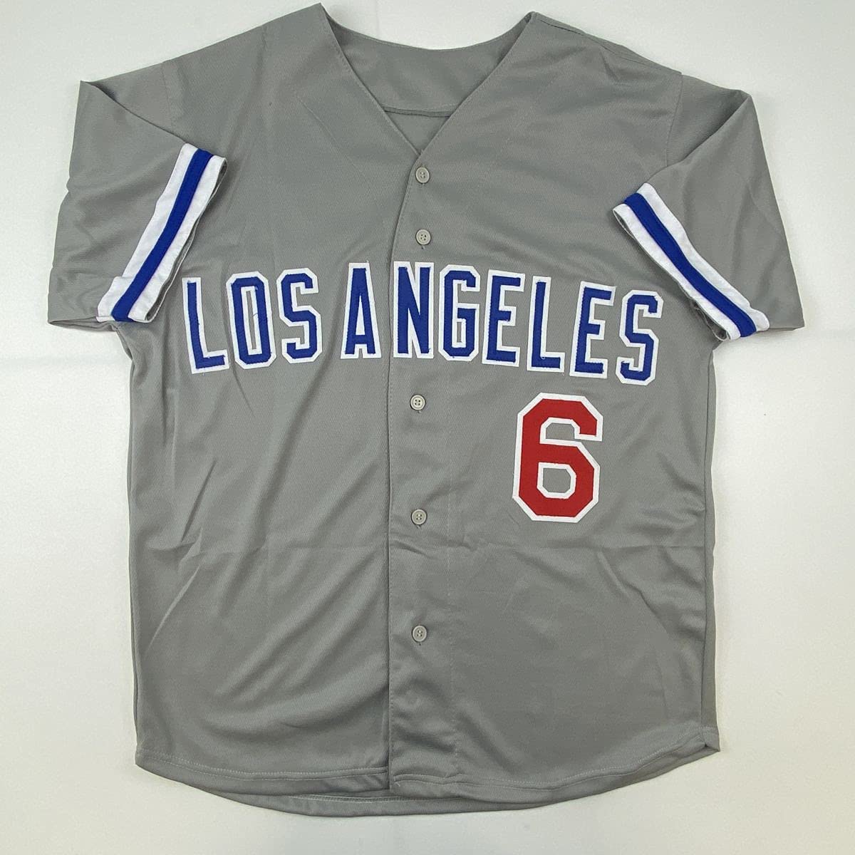 Camiseta de béisbol gris autografiada/firmada de Steve Garvey Los Ángeles LA Beckett BAS COA