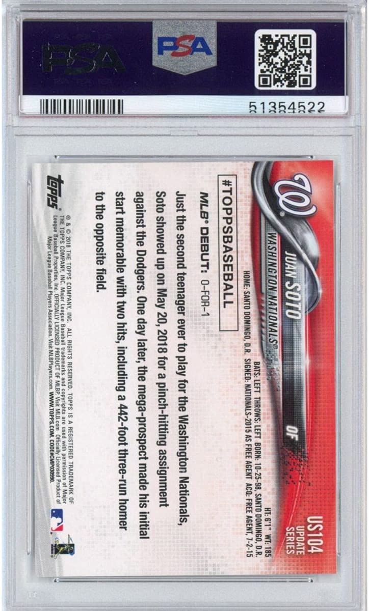 Tarjeta de béisbol de Juan Soto #US104 Rookie RC, actualización Topps 2018, PSA 10 Gem Mint