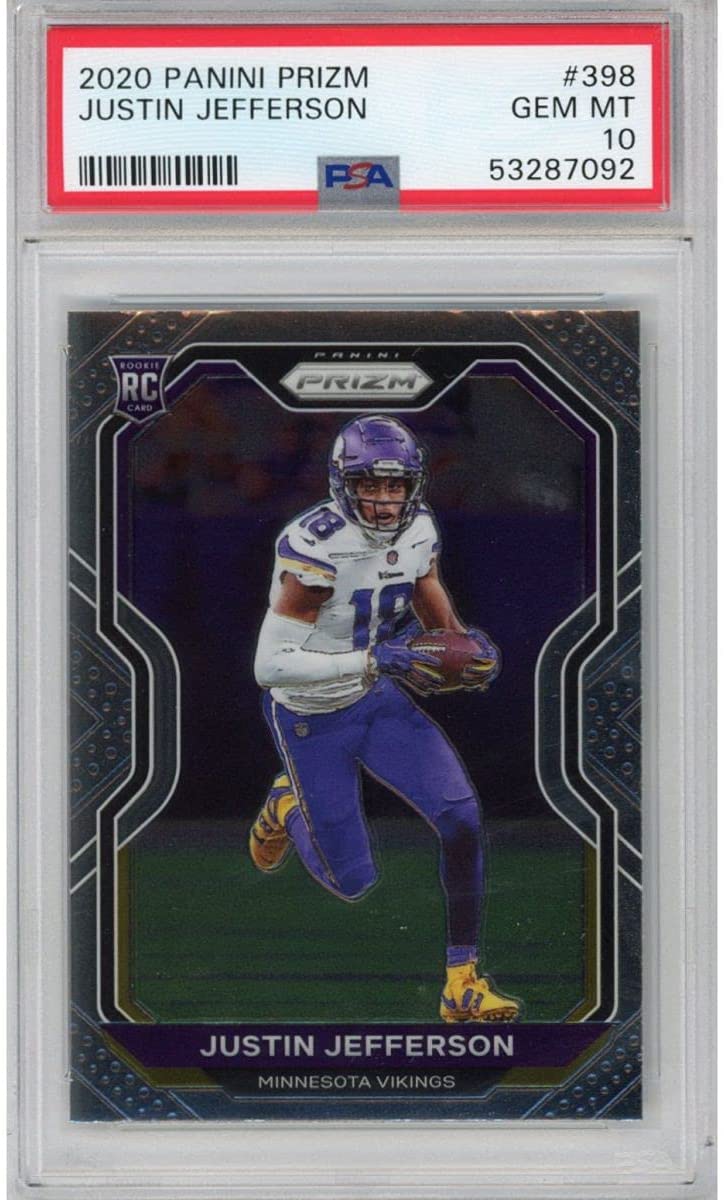 Tarjeta de fútbol americano Panini Prizm Justin Jefferson n.° 398 Rookie RC, clasificada en 2020, PSA 10 Gem Mint