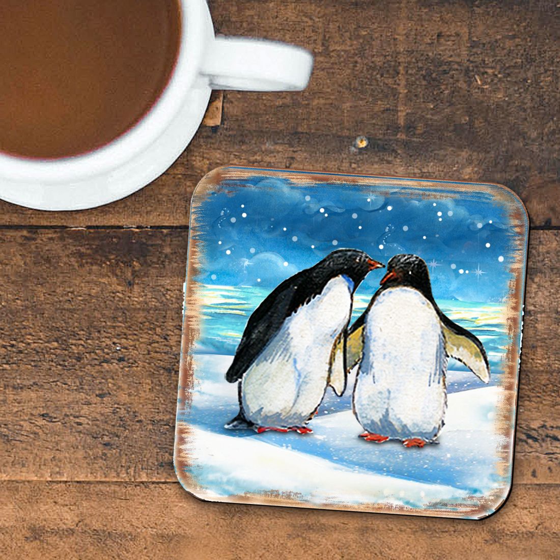 Penguins Coastal Wooden Cork Coasters Gift Set of 4 by Nature Wonders - Coastal Sea-Life Decor - 8198542C-S4