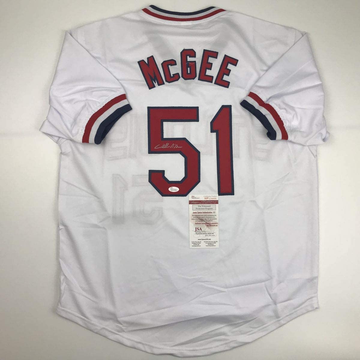 Camiseta de béisbol blanca de St. Louis de Willie McGee autografiada y firmada por JSA COA