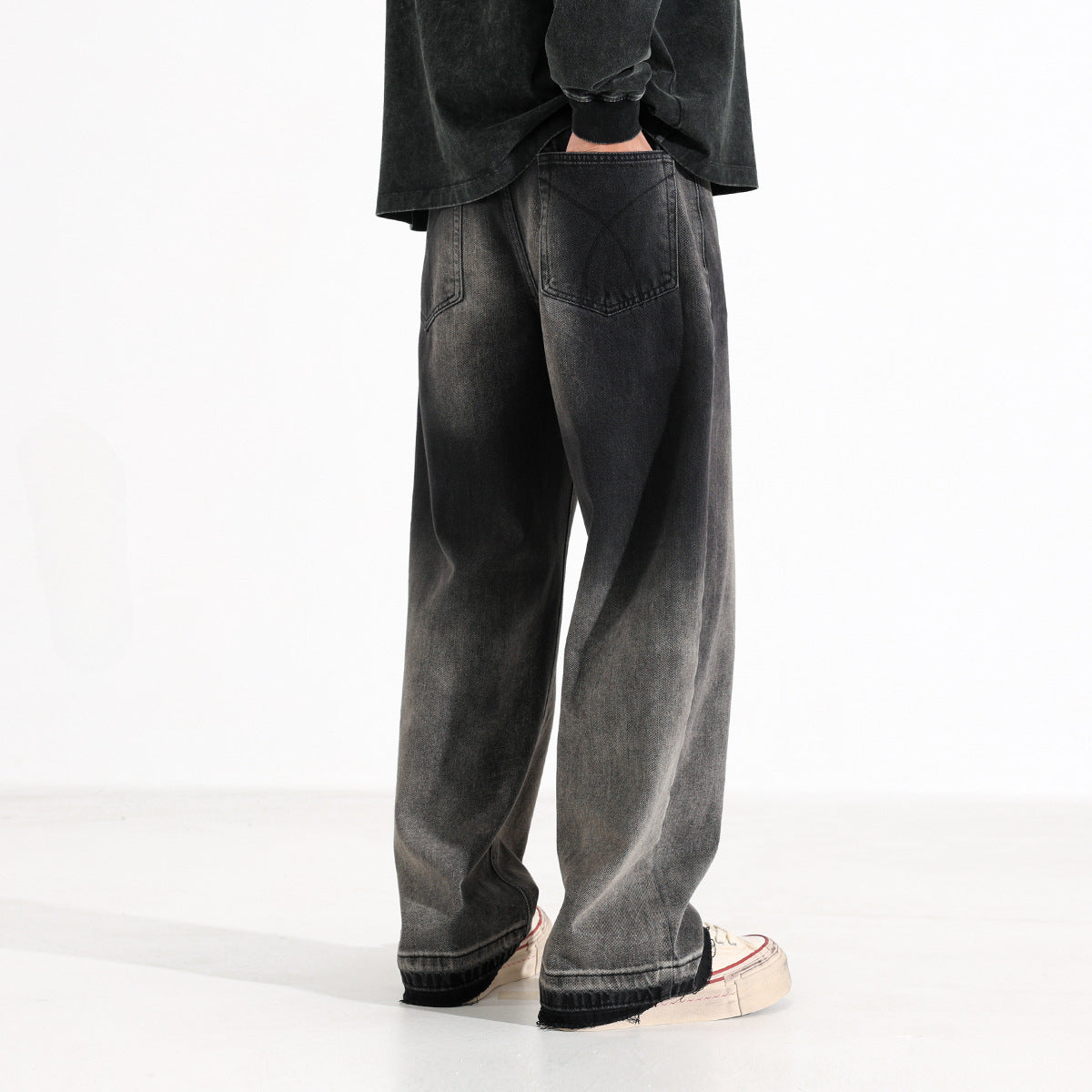 American-style Heavy Washed Black And Gray Straight Jeans Men's Loose Wide Leg Casual Trousers - Lootquake