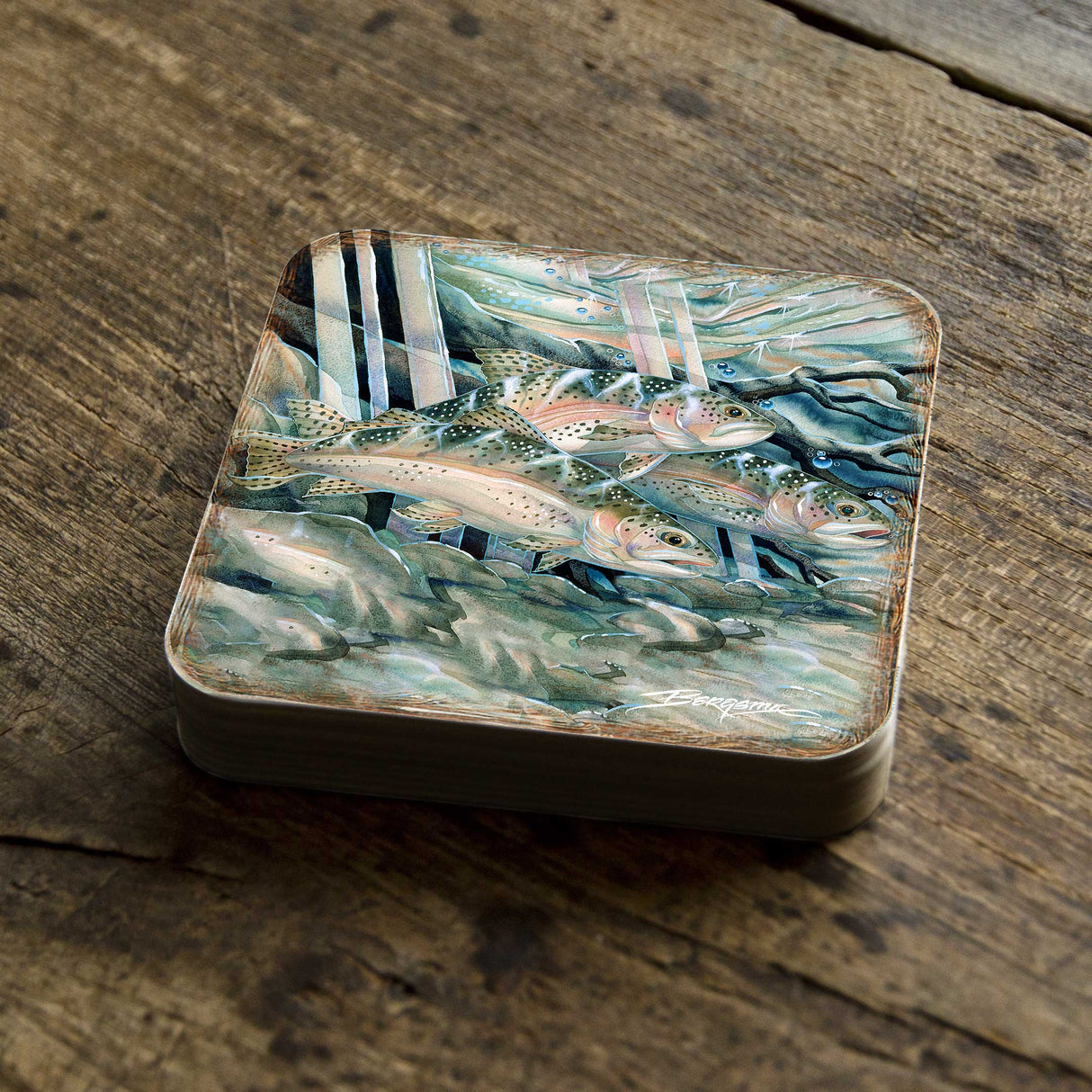 Catch the Rainbow Trout Wooden Cork Coasters Gift Set of 4 by J. Bergsma - Coastal Wildlife Decor - 8199463C-S4