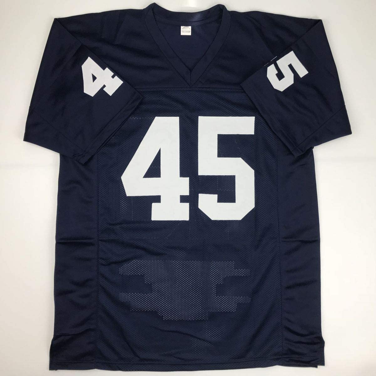 Camiseta de fútbol americano universitario autografiada/firmada por Rudy Ruettiger de Notre Dame Blue Stat JSA COA