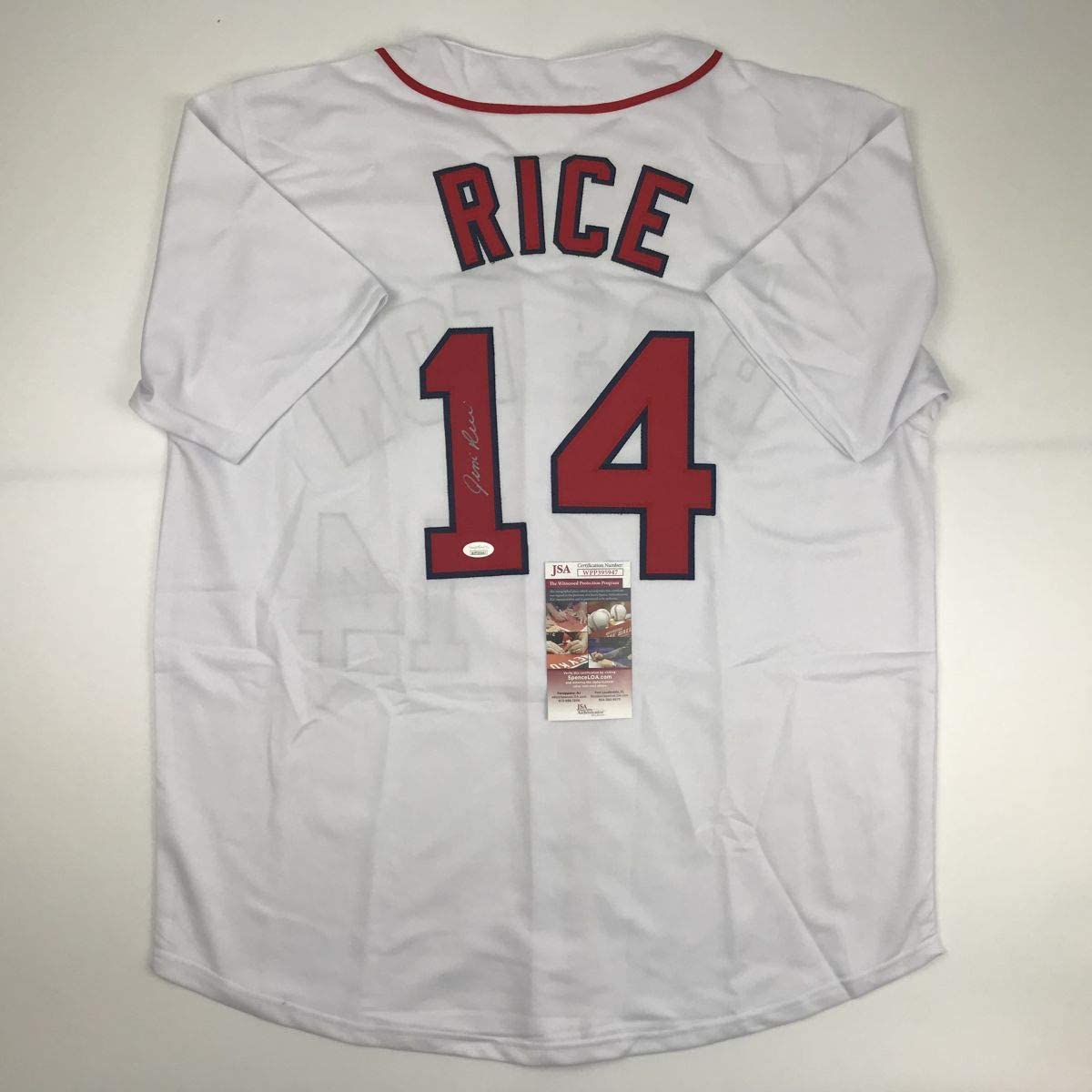 Camiseta de béisbol blanca de Boston autografiada/firmada por Jim Rice (JSA COA)