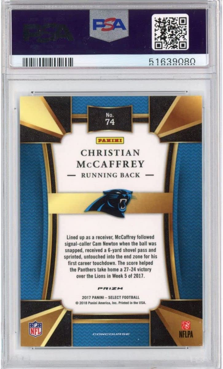 Tarjeta de fútbol RC Christian McCaffrey #74 Rookie de Panini Select 2017, calificada, PSA 10 Gem Mint