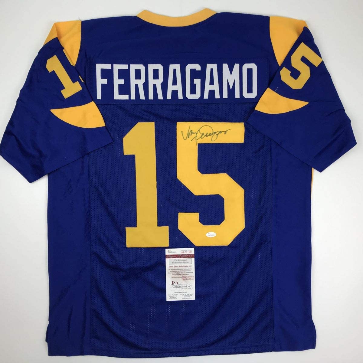 Camiseta de fútbol azul de Los Ángeles LA autografiada/firmada por Vince Ferragamo JSA COA