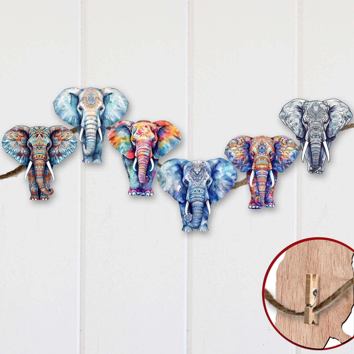 Elephants Decorative Wooden Clip-on Ornaments Set of 6 by G. Debrekht - Christmas Decor - 8090036C-S6
