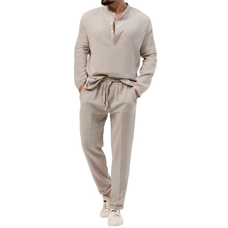 Men's Solid Color Casual Long Sleeve Shirt And Trousers Suit - Lootquake