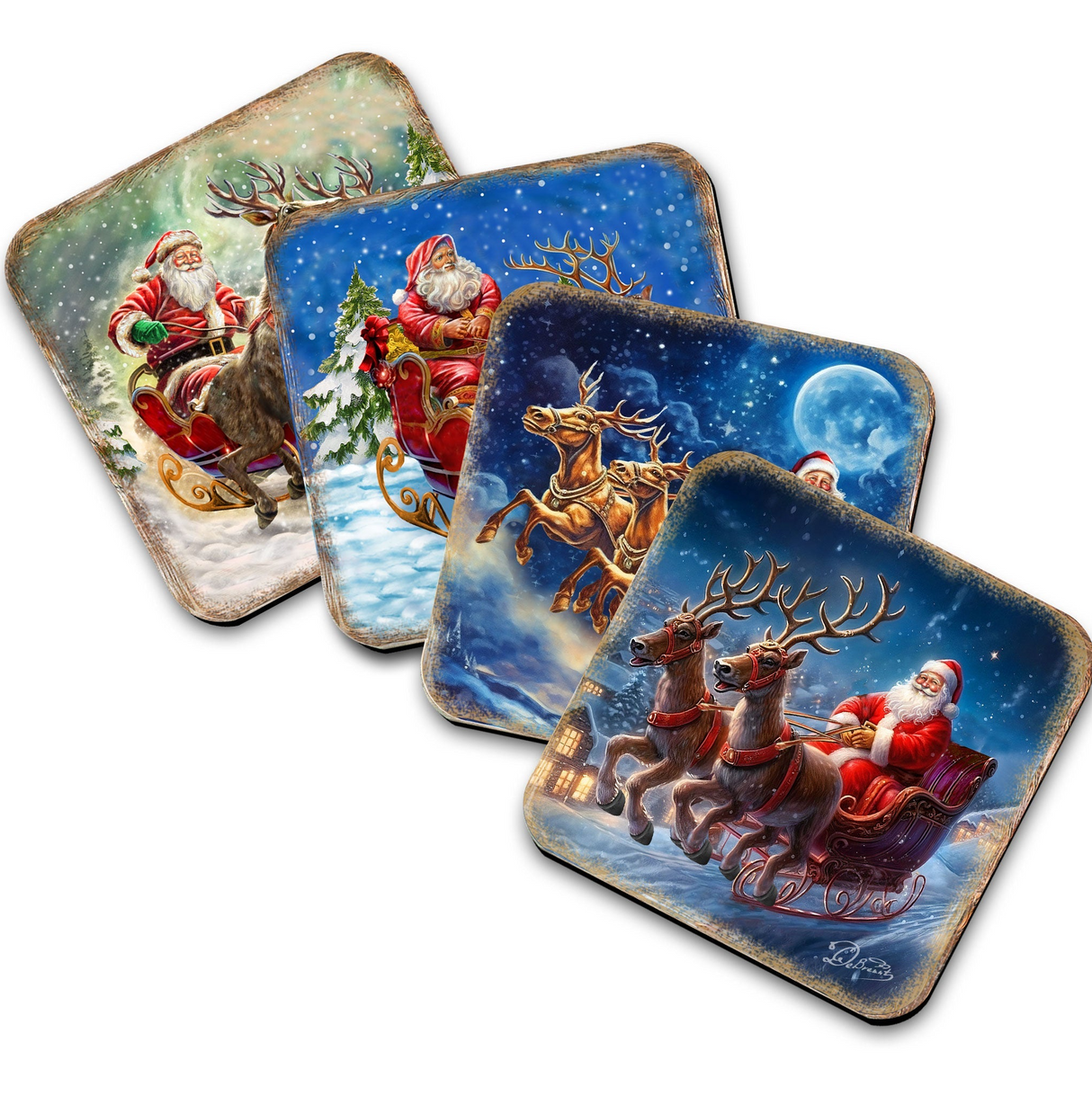Santa's Sleigh Wooden Cork Coasters Gift Set of 4 by G. Debrekht - Santa Christmas Decor - 8199445C-S4