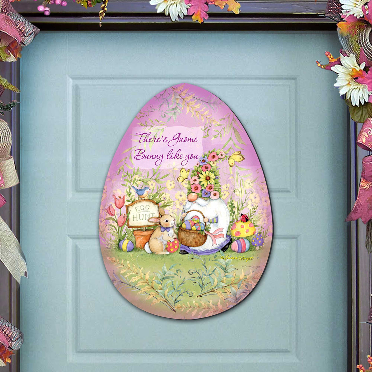 Decoración de puerta con gnomo de jardín de primavera de Susan Winget - Decoración de Pascua - 8471121H-SW