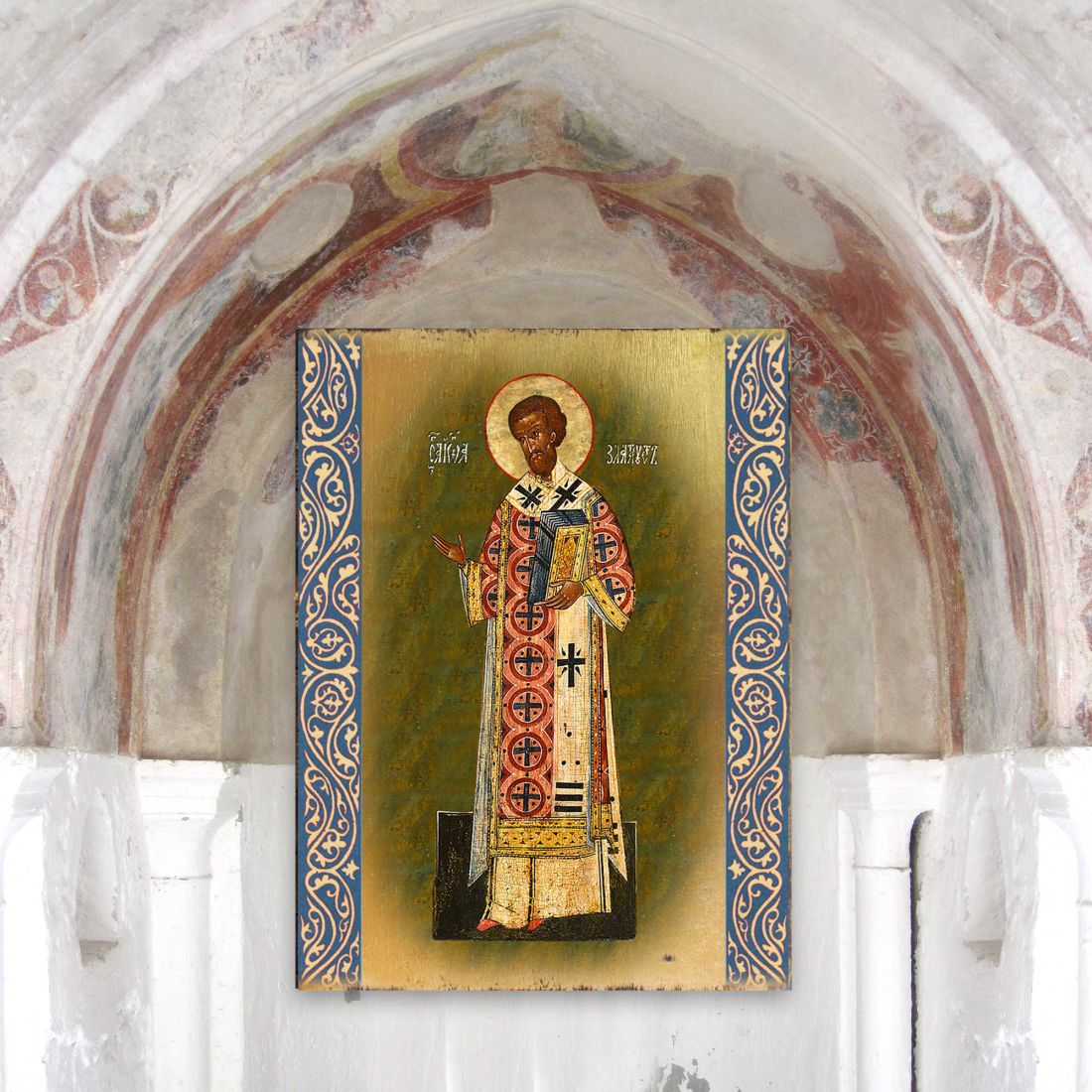 Icono religioso cristiano sagrado de madera bañado en oro de San Crisóstomo - Decoración inspiradora - 85054